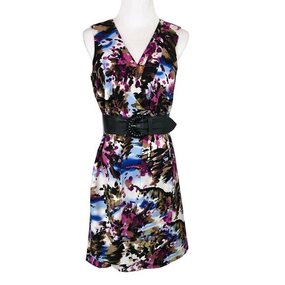 Emma & Michele A-Line Dress Knee Length Belt V-Neck Sleeveless Floral Size 8 - Picture 1 of 9